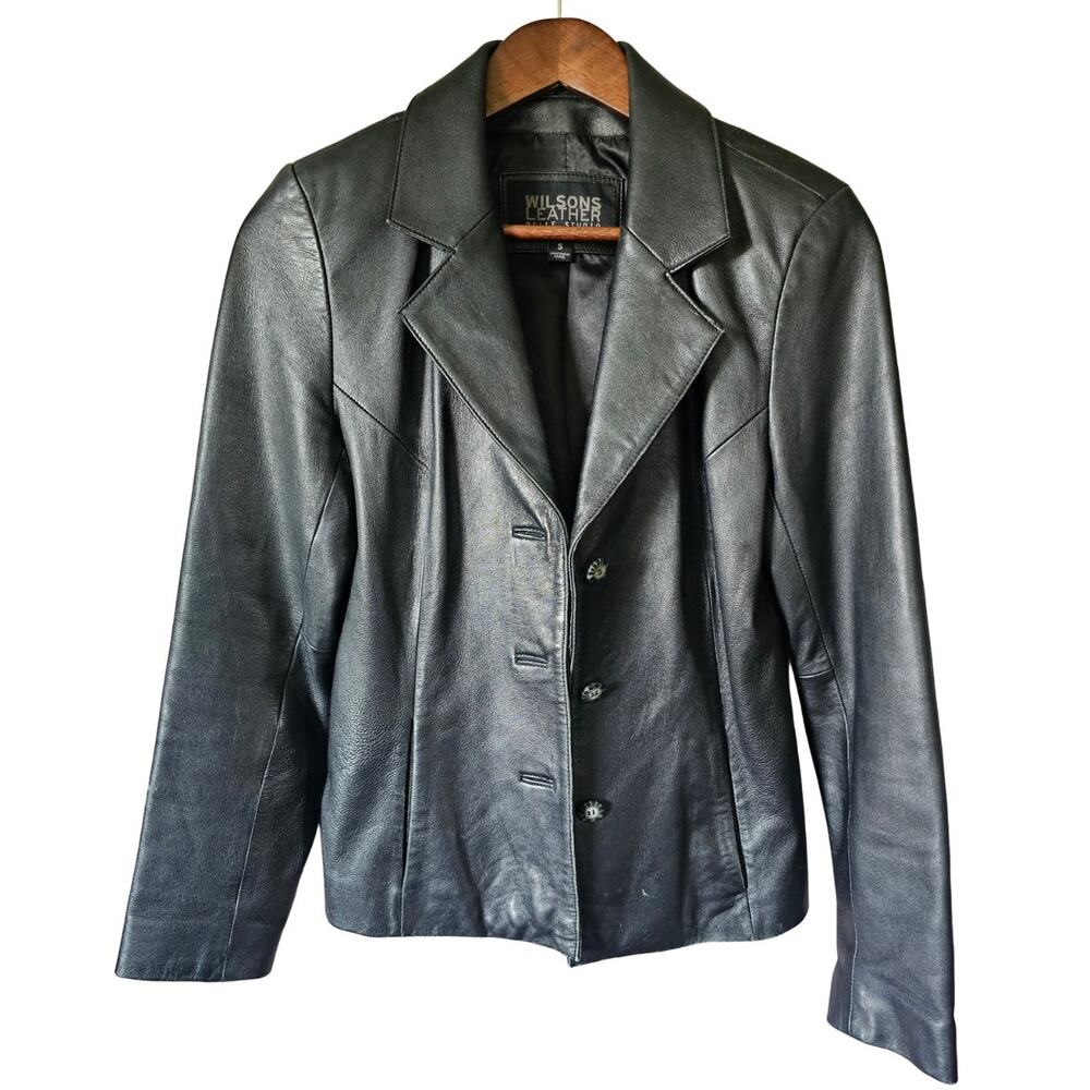 Wilsons Leather Black Womens Blazer Jacket Size S Satin Lined 18in Chest 23in
